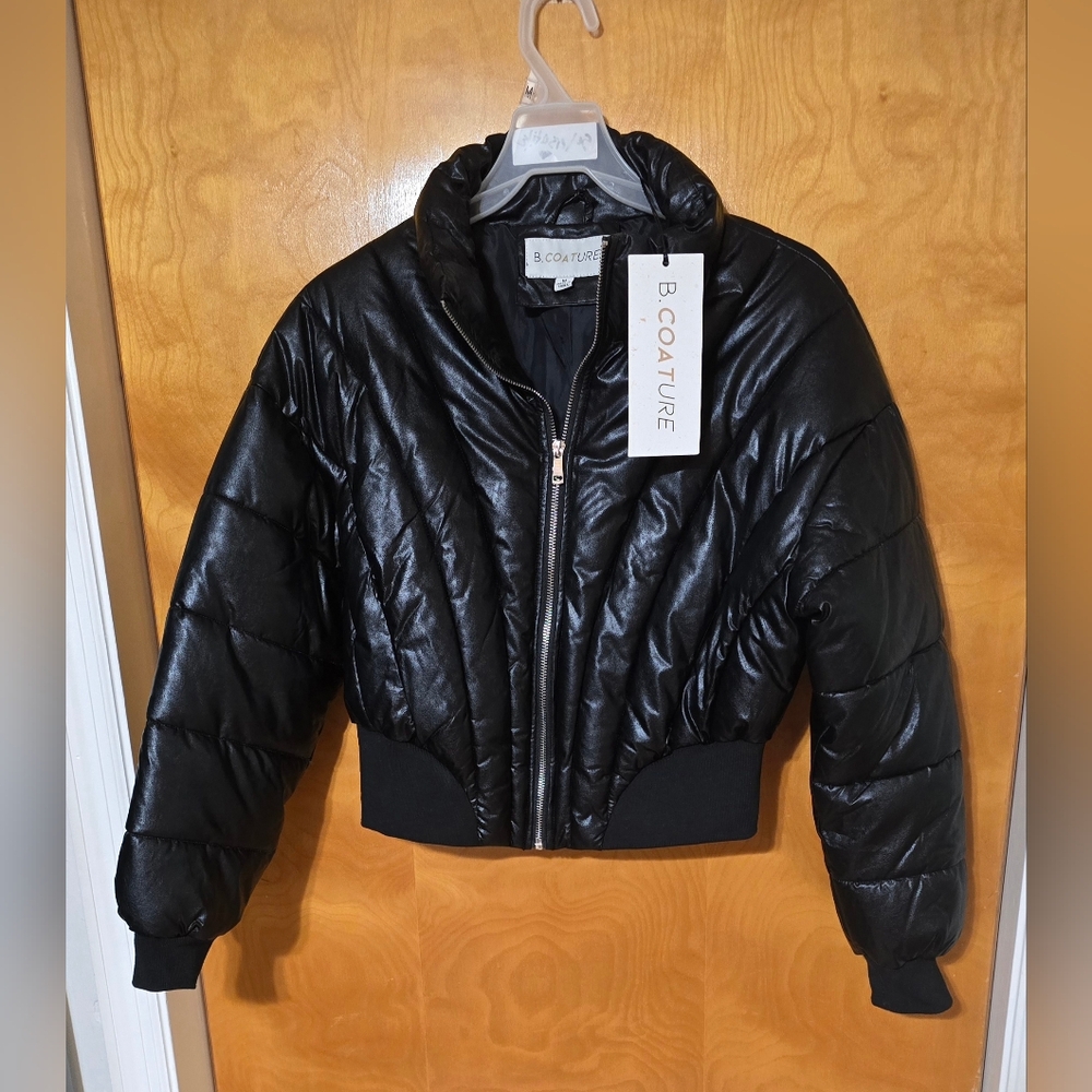 Winter NightS Faux Leather Cropped Black Women's Puffer Jacket Coat Fitted Ski - Picture 2 of 16